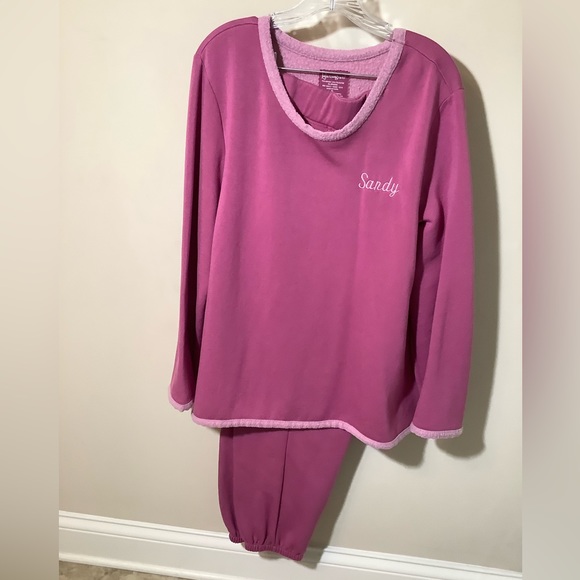 Pajamagram P.J’s XL with name Sandy embroidered rose with pink trim worn 2 nts